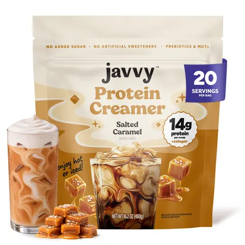 Javvy Salted Caramel Protein Coffee Creamer - Grass Fed Pasture Raised Collagen - Hair, Skin & Nail Support, Energy-Boosting MCTs, Keto Friendly, Gluten Free, No Added Sugar, 14g of Protein Fitness Healthy