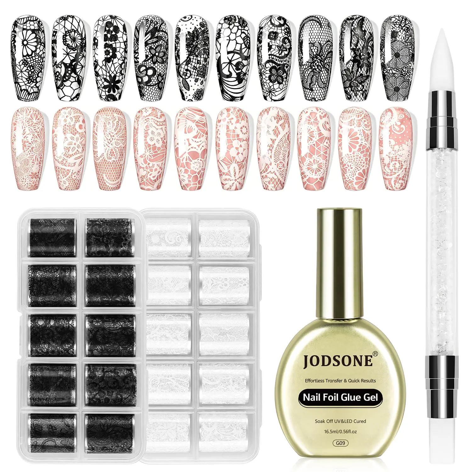 JODSONE Lace Nail Foil Transfer Kit Nail Supplies, 16.5ml Glue, 20 Roll Sets Black & White Foils, Dual-End Silicone Pen, Apply & Press Art Set for DIY & Salon Use
