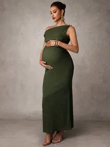 ALLITA Maternity Casual Oblique Shoulder Sleeveless Long Dress Elegant Baby Shower Pregnancy Photoshoot Dress Green