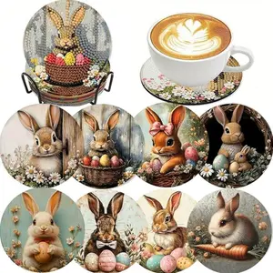 8 pieces/set of diamond art painting coasters with brackets, DIY animal Easter bunny pattern diamond art coasters, suitable for adults and beginners diamond painting kits, diamond kit craft supplies, exquisite gifts for friends