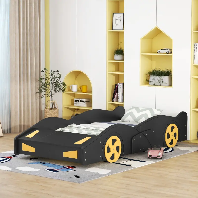 [SOIYELIFE] Twin/Full Size Race Car-Shaped Platform Bed with Wheels and Storage, Black+Yellow/Dark Blue+Yellow amer life furniture
