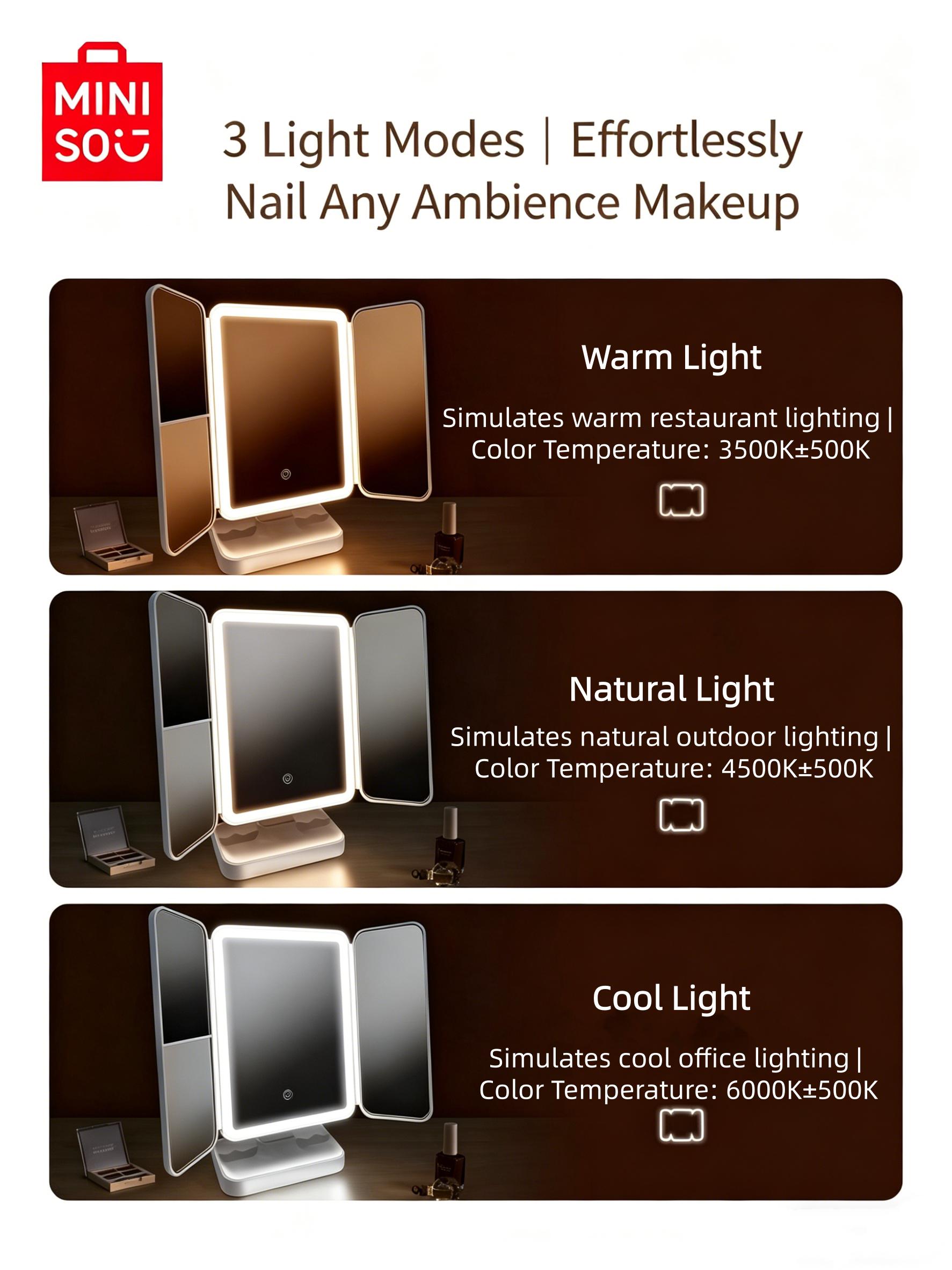 MINISO Tri-Fold LED Lighted Makeup Mirror, Foldable Desktop Vanity Mirror for Dorm Use, Daily Make-up ,For Students & Girls