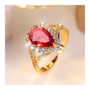 Luxury Female Red Water Zircon Stone Engagement Ring Trendy Gold Color Bride Wedding Jewelry Gift For Women
