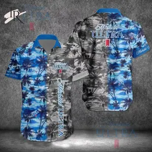 Michelob Ultra Hawaiian Shirt Men Women Blue Gray Palm Tree Tropical Print Aloha Button Down Beach Vacation Summer Festival Loose Breathable Casual Streetwear Beer Fan Gift