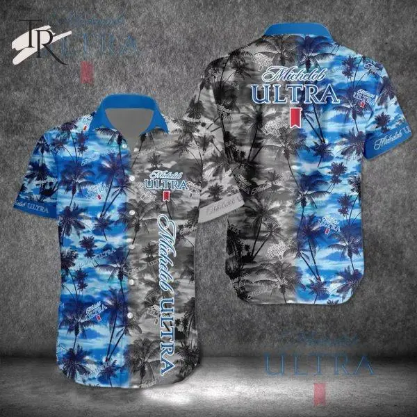 Michelob Ultra Hawaiian Shirt Men Women Blue Gray Palm Tree Tropical Print Aloha Button Down Beach Vacation Summer Festival Loose Breathable Casual Streetwear Beer Fan Gift