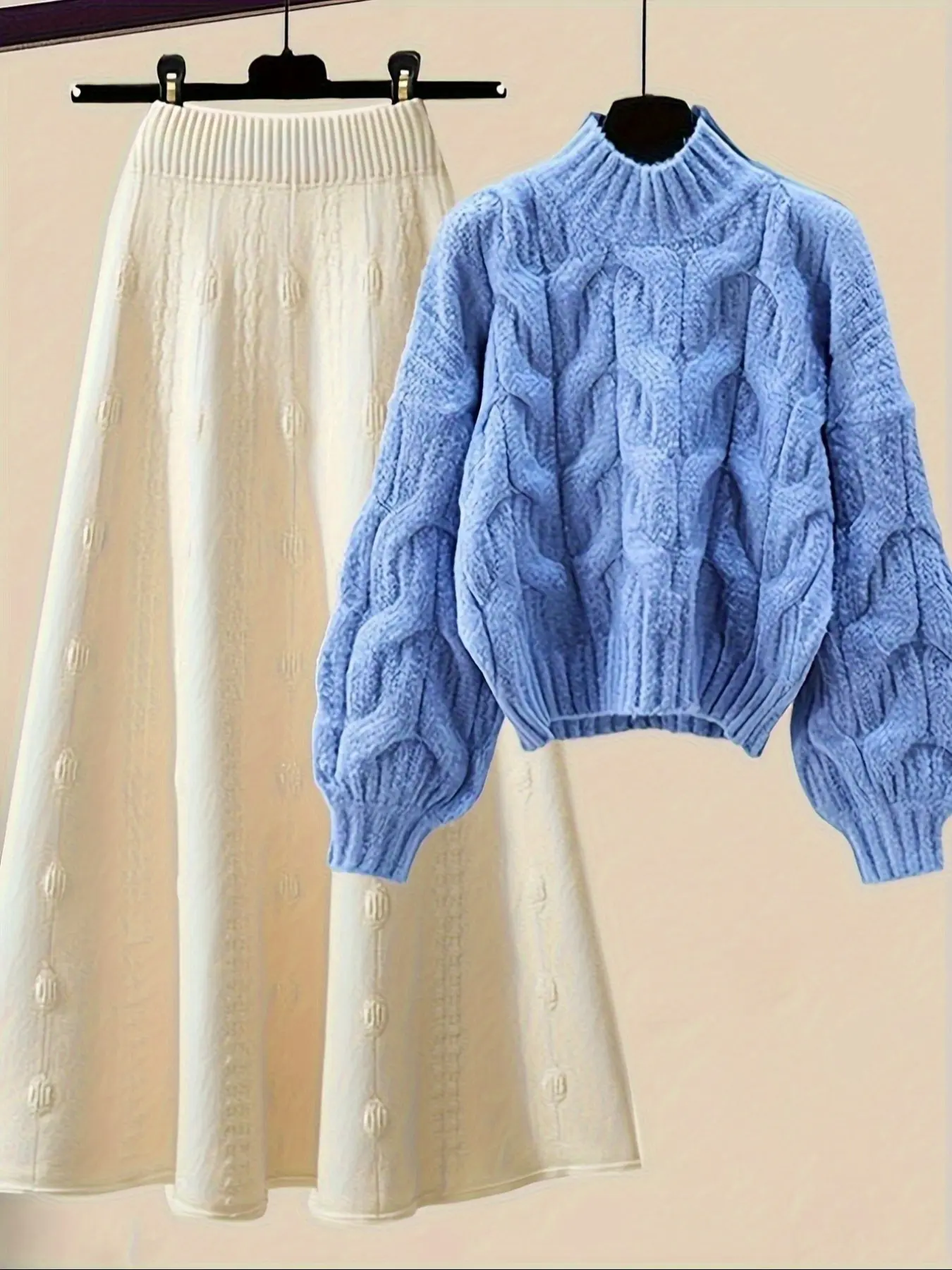 Women's Autumn Winter Casual Two-Piece Set, Light Blue Waffle Knit Sweater & Embroidered Skirt, Warm Fashion