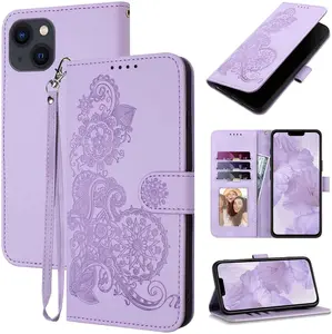 for iPhone 13 Mini Case Wallet, Cute Floral Pattern PU Leather for Women Girl, Card Holder Kickstand F Cases Strap, Magnetic Closure, Shockproof Protective 13 Mini Cover (Purple)
