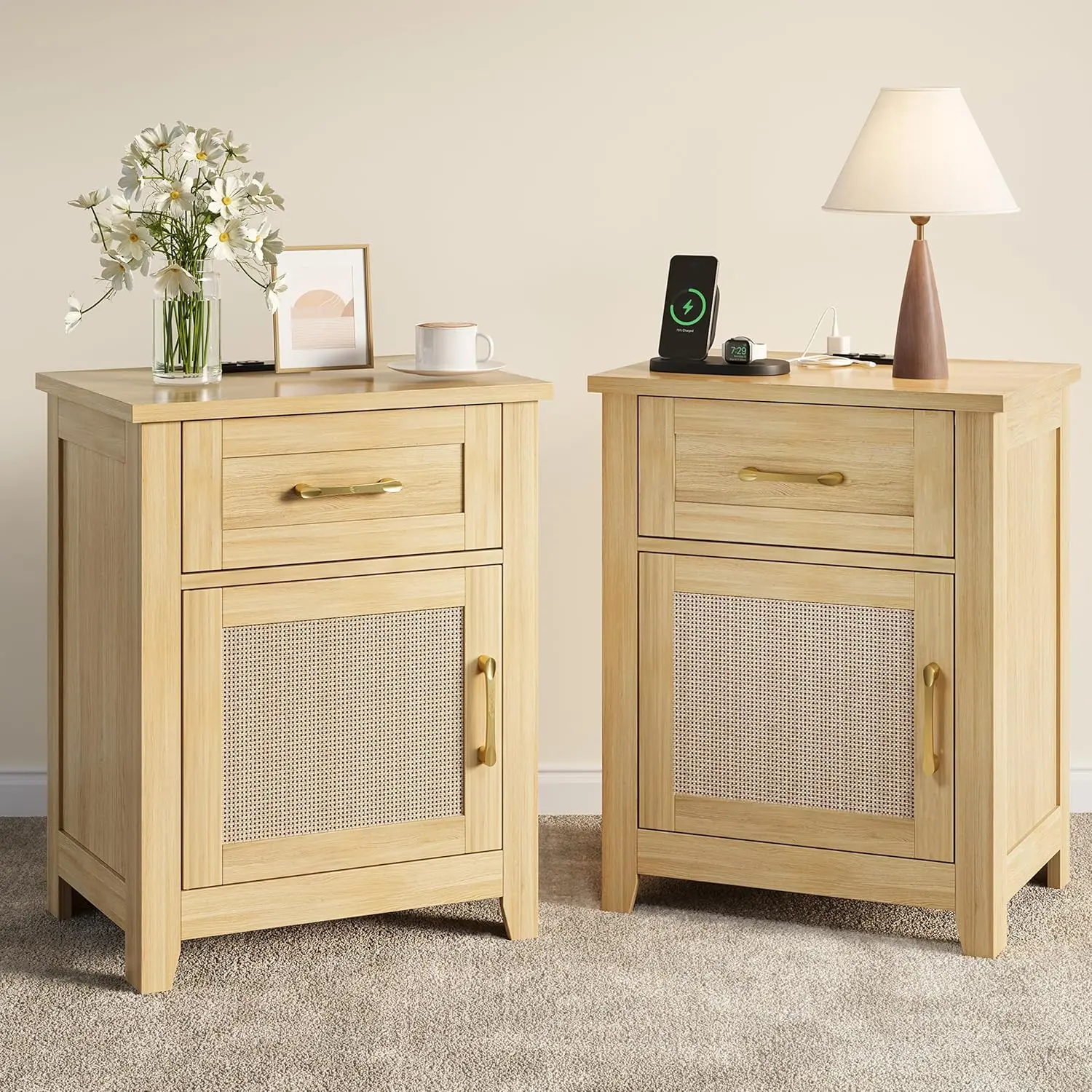Decofy Rattan Nightstand Set of 2 with Charging Station, AC Outlets, USB And Type C Ports, Oak Wood Bedside Tables, For Bedrooms, Dorms, And Small Spaces