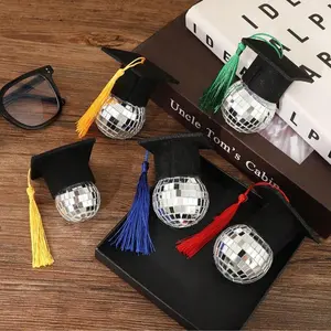 6/1 pcs-Graduation Theme Decorative Mirror Balls Set, Mini Grad Hat Included, Shiny Disco Balls for Parties, Home, Bar, Hanging Decoration
