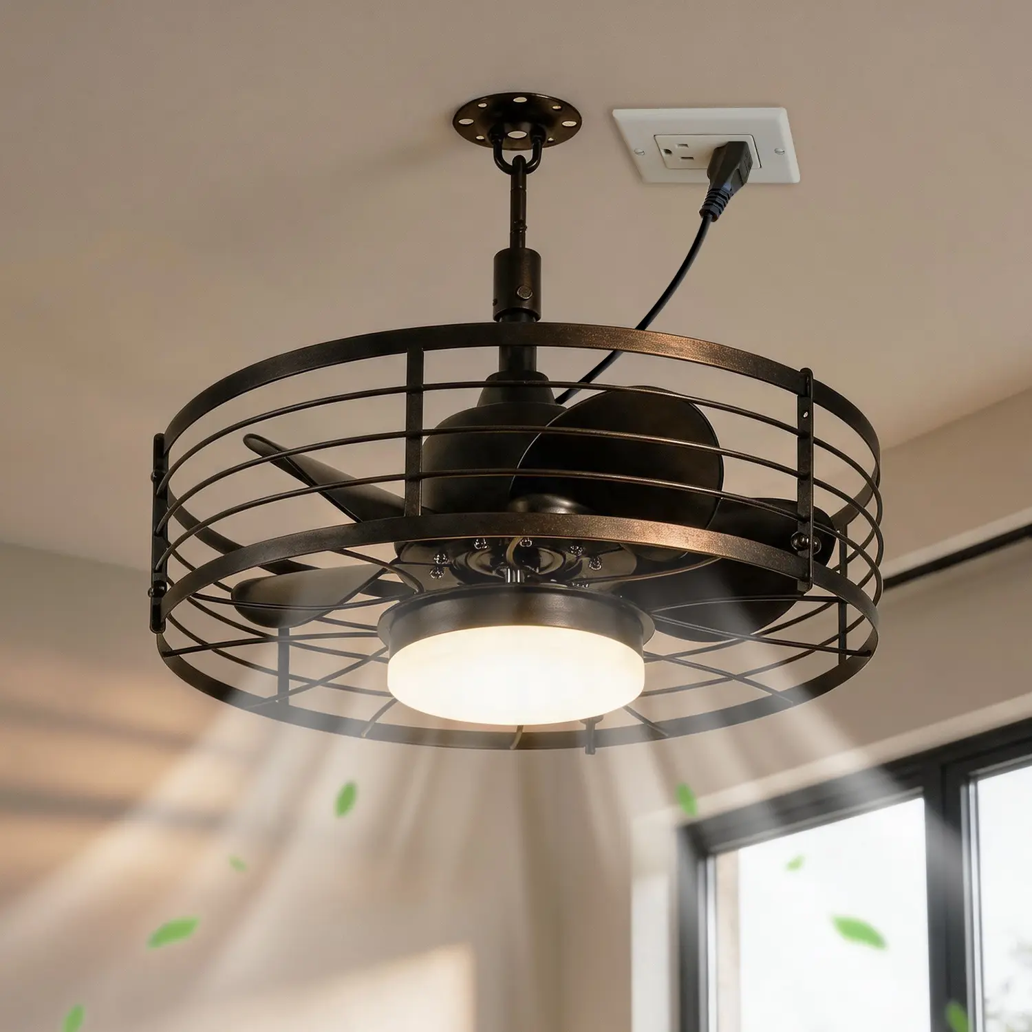 DORESshop Black 5-Blade Drum LED Outdoor Ceiling Fan-Light Combo, Modern Farmhouse Fan with APP & Remote Control, Downrod Mount for Patio Deck, Outdoor Seating