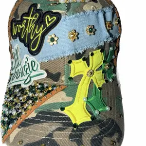 Camo Yellow & Green  "Worthy"  Trucker Hat - Rhinestone Detail, Adjustable, Lightweight Embroidered, Bedazzled Bling, Camo Brim Fashion Accessory Headwear, Rhinestone Hats