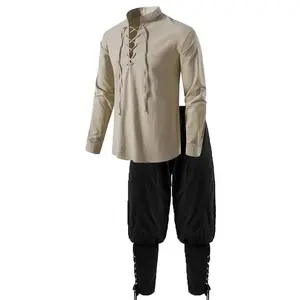 Men 2 Piece Medieval Knight Costume Set Cotton Linen Renaissance Pirate Shirt Ankle Banded Pants Hoodie Casual Gamis Beige White Brown Halloween Outdoor Wear
