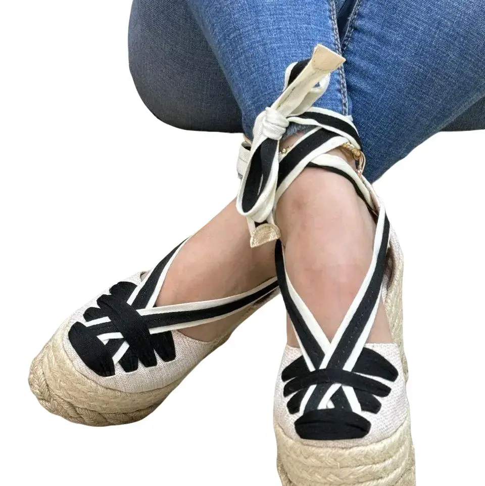 Platanfroma Juli/sandalia Beige & Black Espadrille Wedge Shoes with Braided Yute Design for Women & Girls Stylish Platform High Heels Comfortable Lace-Up Adjustable Fit