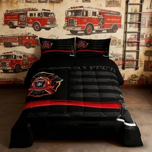Firefighter Comforter Set,American Flag Geometric Stripes Bedding Set,Boys Girls Adults Room Decor,Fire Fighting Truck Tools Down Comforter,Red Black Fashion Duvet Insert