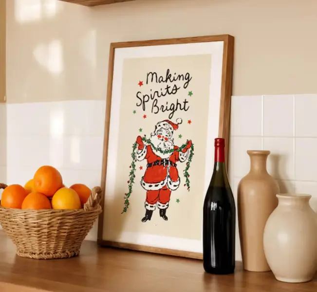 [25% OFF] [UNFRAMED]    Spirits Bright Print: Retro Christmas Art Jolly Santa Poster Holiday Kitchen Decor