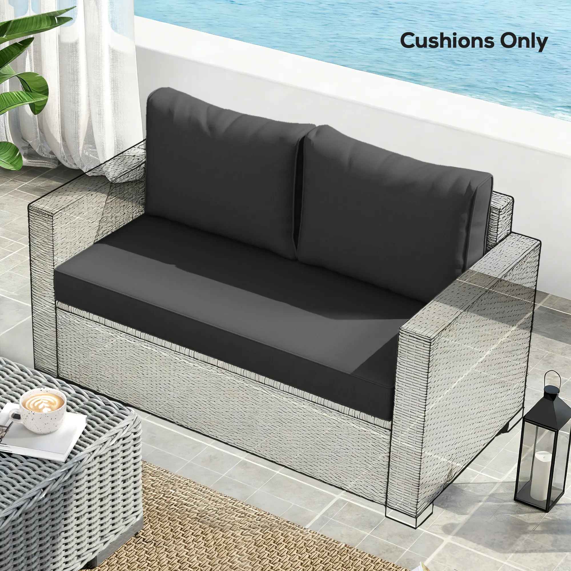 Heavy Duty 2-Piece Black Outdoor Loveseat Cushions 46x26x5 Inch - High Density Foam Patio Furniture Cushions with Water Resistant Removable Cover, Ideal for All Weather Use on Front Porch, Balcony & Poolside Lounge Chairs