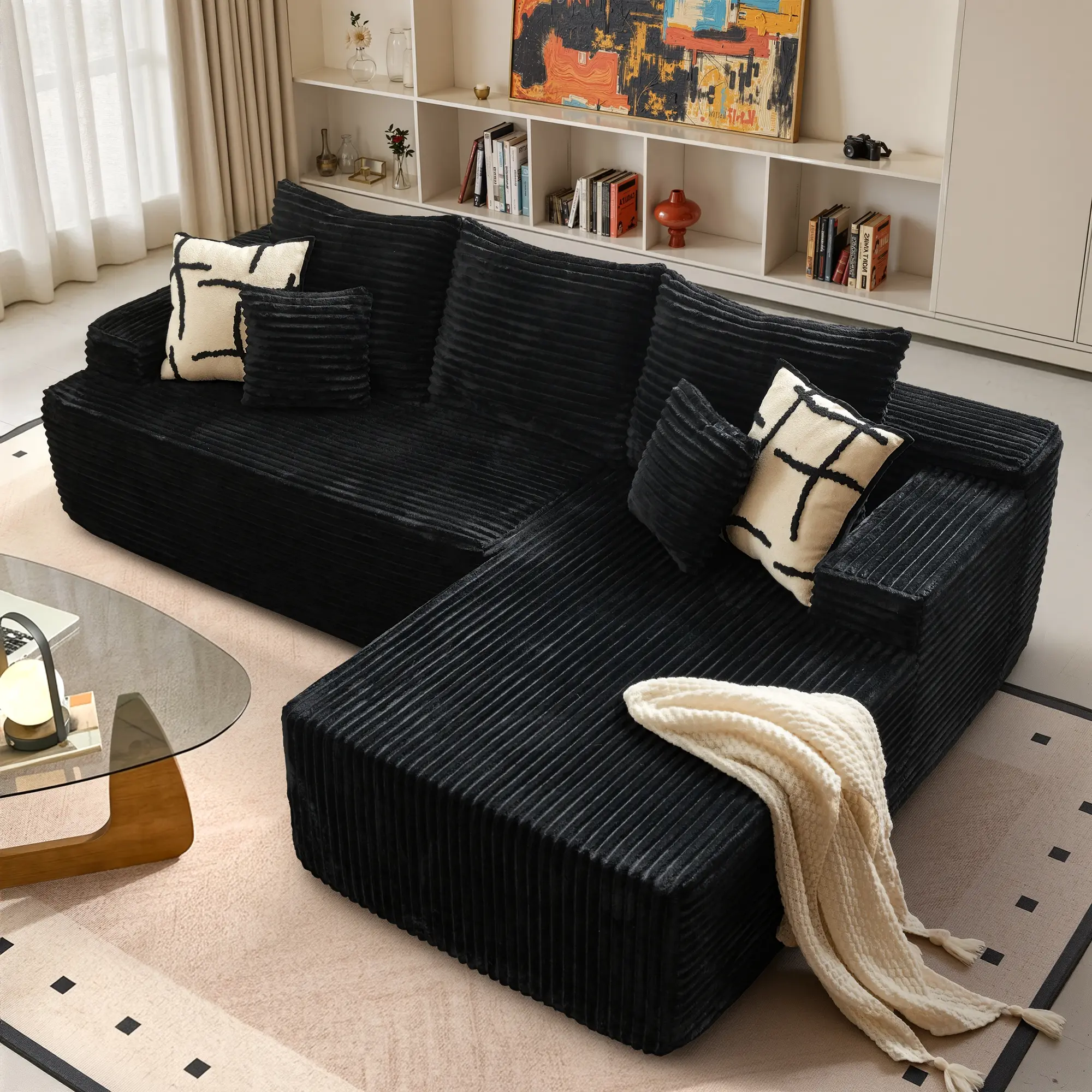 97" Black L-Shaped Sofa Right Chaise 2