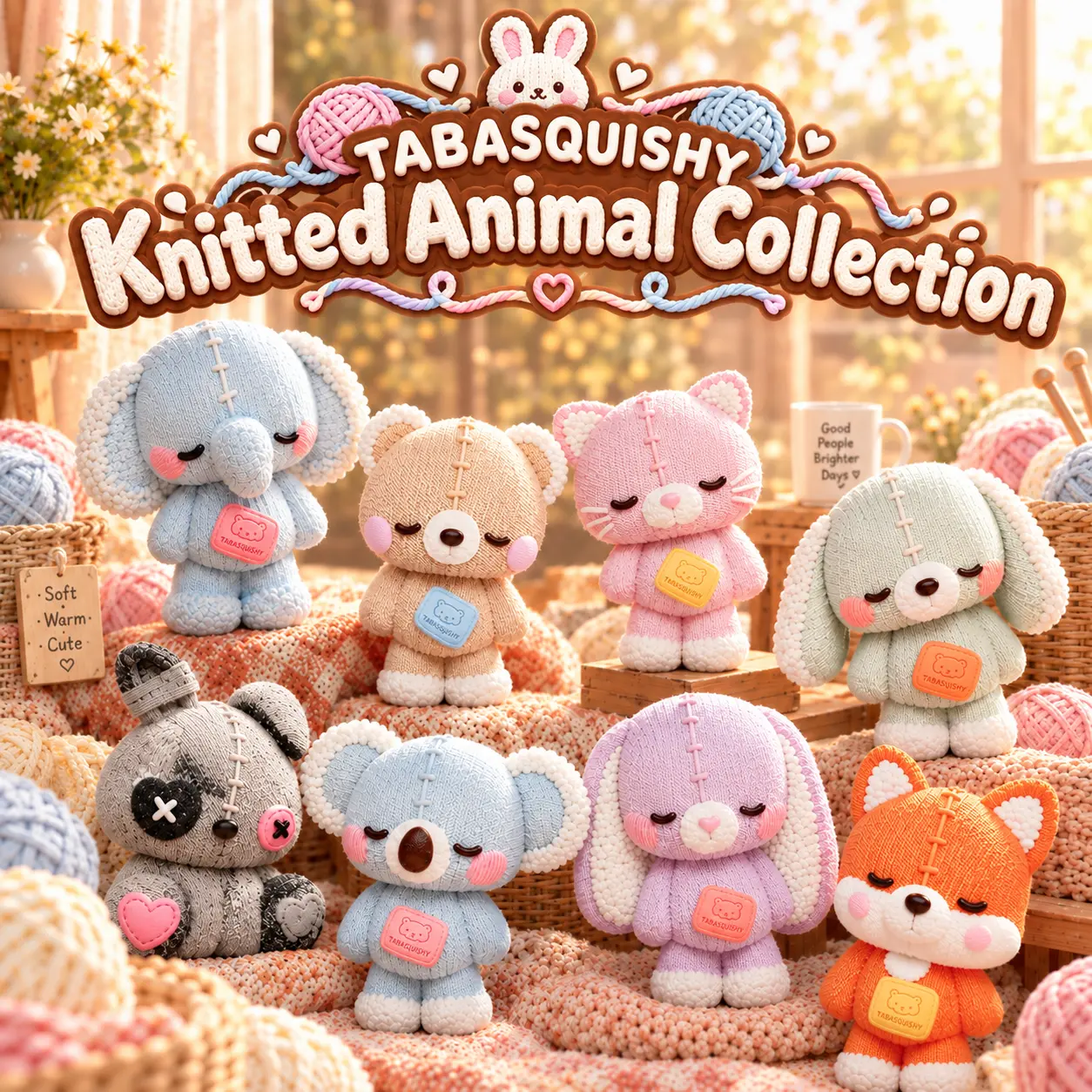 TABASQUISHY Knitted Animal Handmade Taba Squishy Toy , Kawaii Soft Slow Rising Squishy,  8 Designs Cute Autumn Stress Relief Fidget Toy,Collectible Gift, Backpack Bag Charm Decor, Cozy Knit Design Toy Set