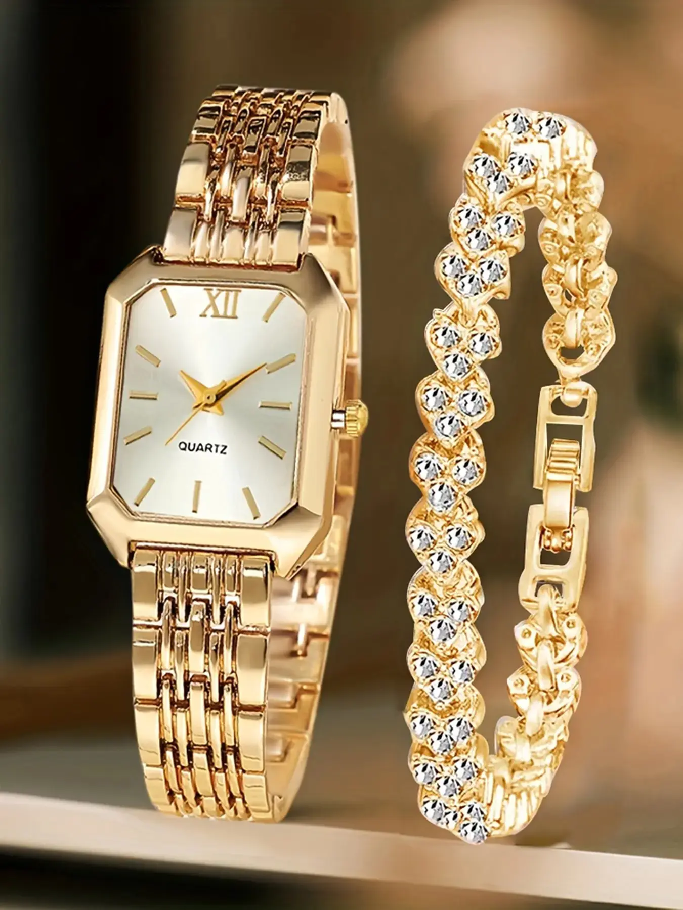 2pcs Women's Elegant Retro Fashionable Watches Set - Luxury Heart Chain Quartz Analog Watch with Rectangular Dial & Stainless, Wedding, or Casual Attire - Classic Timepiece Gift