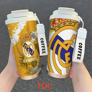 1pc Real Madrid Gold Blue Coffee Cup, 18oz Stainless Steel Insulated Travel Mug, Dual Layer Heat Cold Preserve, Car Office Home Outdoor Camping