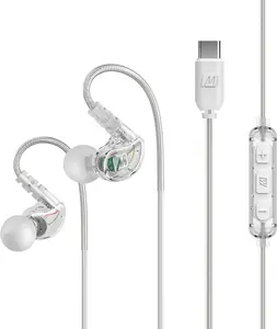 M6  USB-C Wired Earbuds with Memory Wire Earhooks, Headset with Mic & 3-Button Remote for  15, iPad, Other USB Type C Devices; in Ear Headphones for Running/Gym/Workouts, Clear