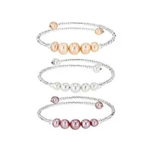 JTV Light Multi-Color Cultured Freshwater Pearl & Glass Bead & Sterling Silver Bangle Set