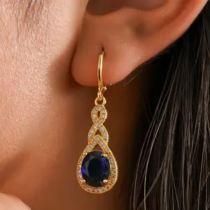 18K Gold Plated Swirl Cross Navy Blue Sapphire Oval Gemstone Dangle Earrings for Women Hypoallergenic Cubic Zirconia Elegant Chandelier Drop Statement Jewelry Gifts Fashion