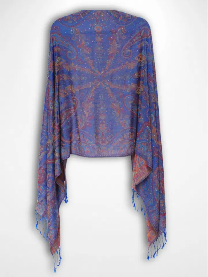 Blue Multi-Color Rhinestone Pashmina with Sapphire Crystals Cotton Blend 70" Length Machine Washable