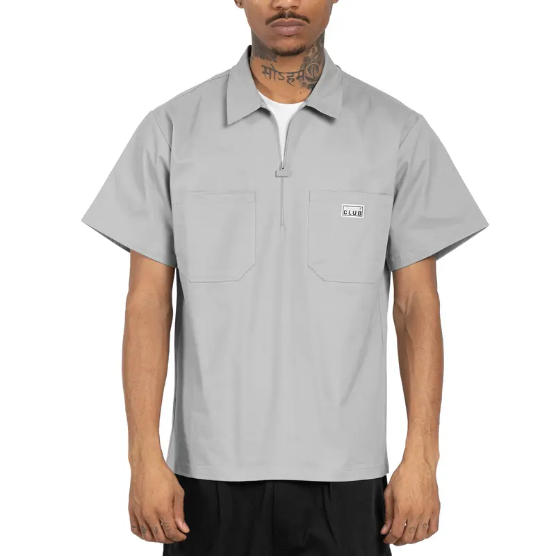 Pro Club Men's Short-Sleeve Half-Zip Classic Work Shirt - Heavyweight Cotton Spandex Stretch Twill Fabric, Boxy Relaxed Fit Pullover, 2 Chest Pockets, Casual Utility Male Clothing Top, S-3XL, Cold Wash, Soft, All Seasons, Zipper Front