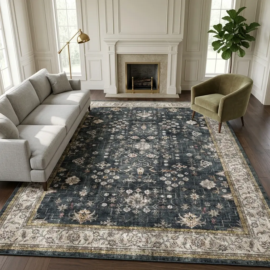 RUGIXE Faux Cashmere Washable Dark Floral Area Rug 5x7 6x9 8x10, Heavyweight Soft Low Pile Rug with TPR Non Slip Backing, Foldable Durable Vintage Oriental Carpet for Living Room Bedroom Dining Room sohochic