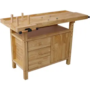 Heavy-Duty Rubberwood Workbench with Storage Drawers, 4 Pillars, Large Size and Side Handles - Garage, Home Workshop Wooden Workbench, Four Pillars