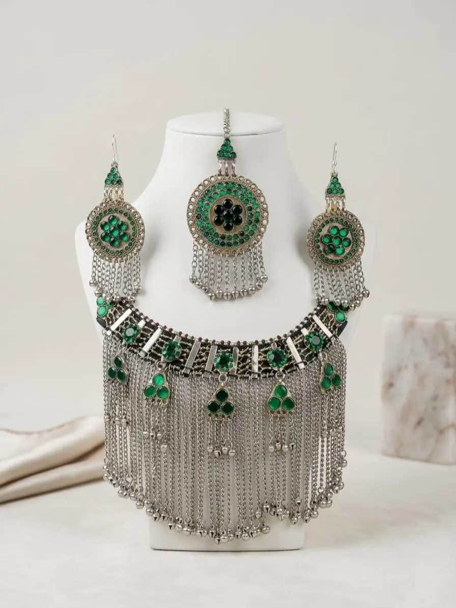 Luxury Afghan Green Stone Statement Jewelry Set for Women – Boho Tribal Fringe Necklace & Drop Earrings – Ethnic Bridal Choker Set – Festival Party, Wedding Jewelry Set For Women.
