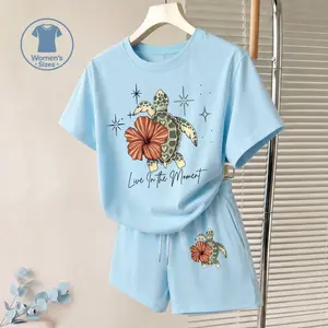 Women’s Sea Turtle Graphic T-Shirt and Shorts Set, Casual 2-Piece Summer Outfit, Short Sleeve Crew Neck Tee & Drawstring Shorts Matching Lounge Set, Coastal Beach Vacation Activewear for Travel, Resort & Daily Wear
