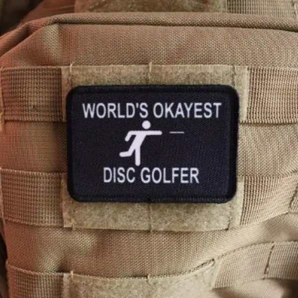 World's Okayest Disc Golfer funny meme 2"x3" morale patch with hook and loop backing