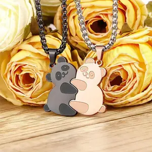 Panda Couple Necklace Cute Hug Puzzle Stainless Steel Necklace Valentine's Day Gift