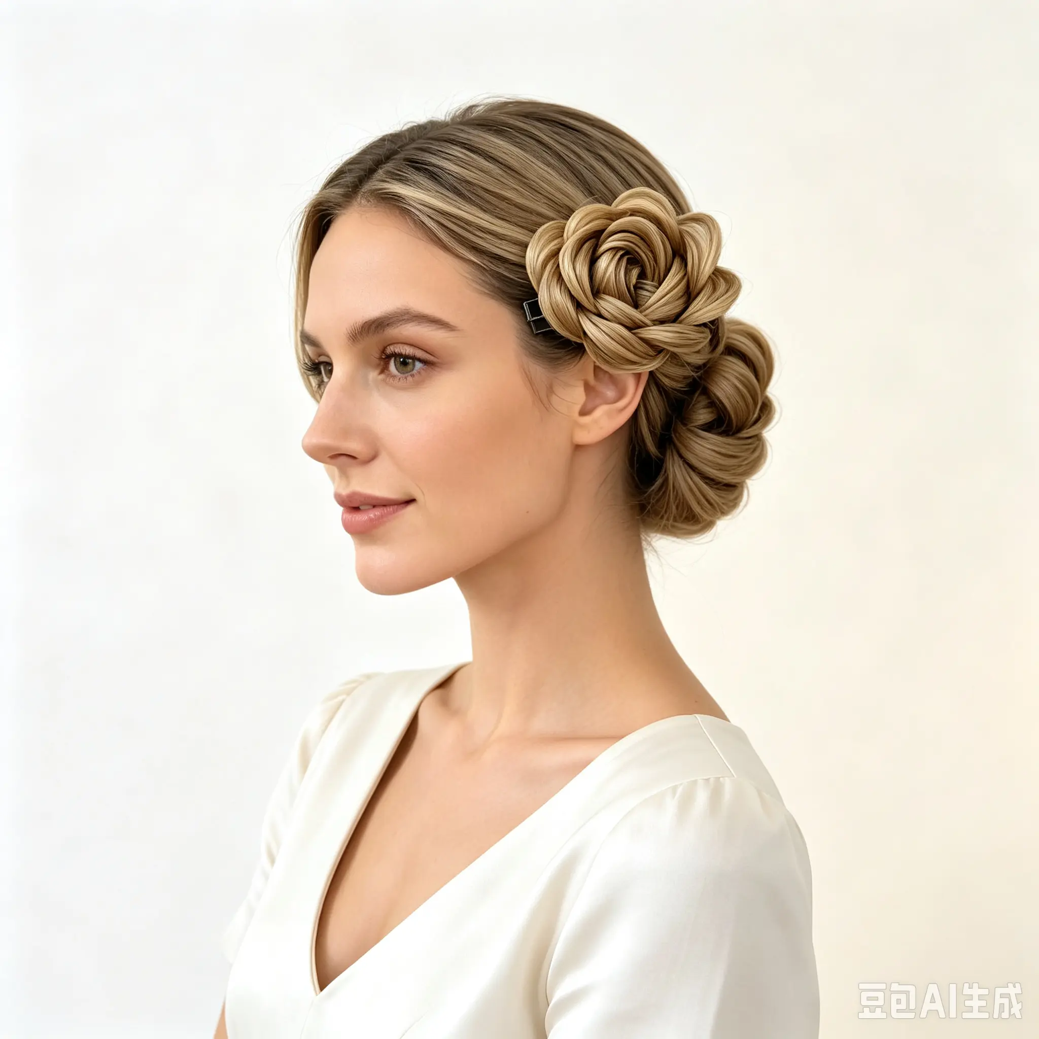 4 Inch Rose Shaped Low Bun Side Hair Clip Wig, Bridal Braided Rose Hair Barrette, Natural Side Part Wedding Updo Hairpiece for Daily & Wedding Occasions
