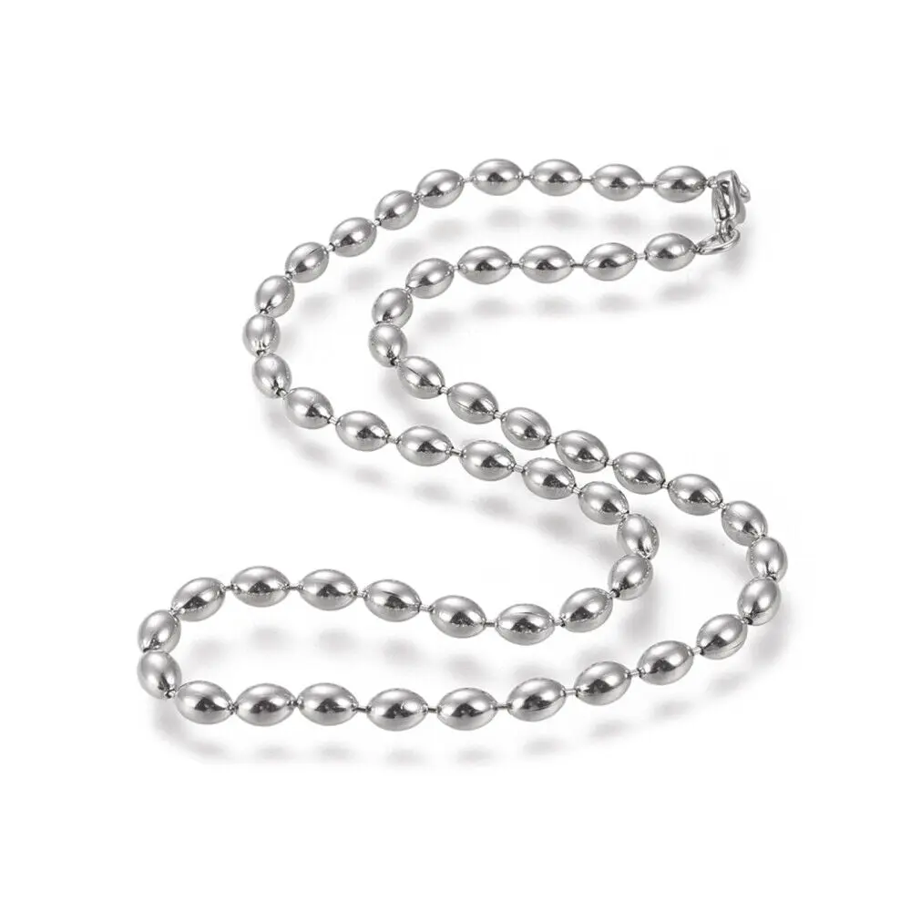 Stainless Steel Beaded Necklace Lobster Clasp Rice Bead Silver 16.5" Z496