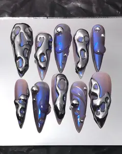 Handmade Metallic Silver 3D Press On Nails, Party Nail Art