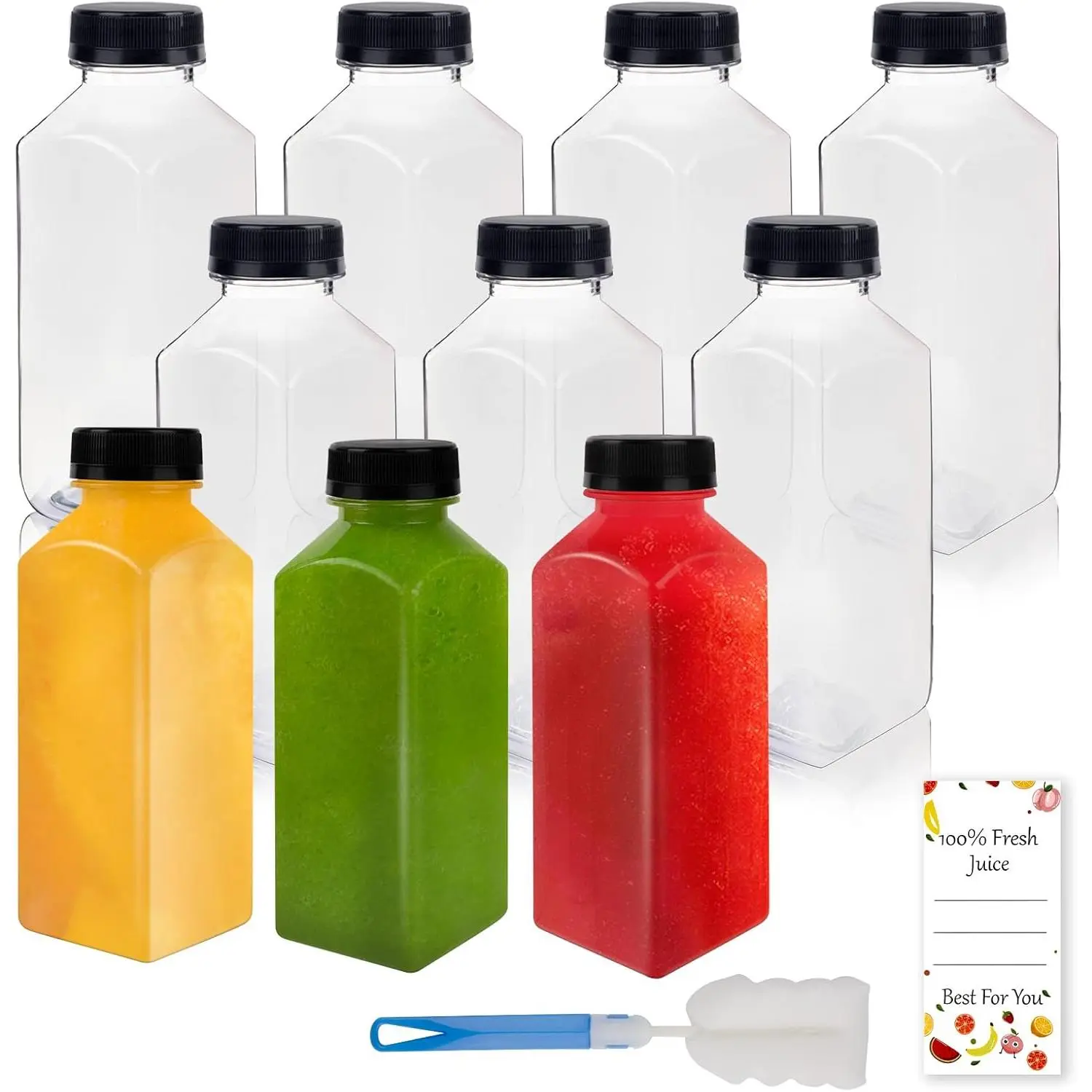 10 count 12oz Plastic Juice Bottles With Caps,   Grade Chear Juice Containers for Juicing, Smoothies, Coffee, and Other Beverages