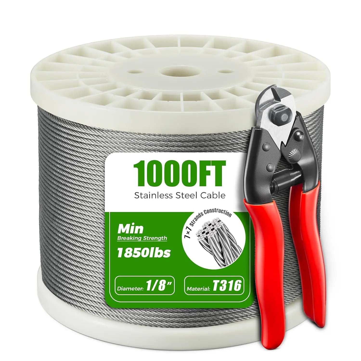 1000FT 1/8" T316 Stainless Steel Cable for Railing, 7x7 Wire Rope