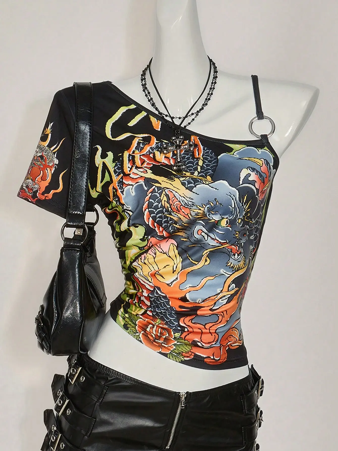 Bevailyard Y2k Going Out Dragon Print Asymmetrical Neckline Short Sleeve Fashionable T-Shirt Rave Top For Women