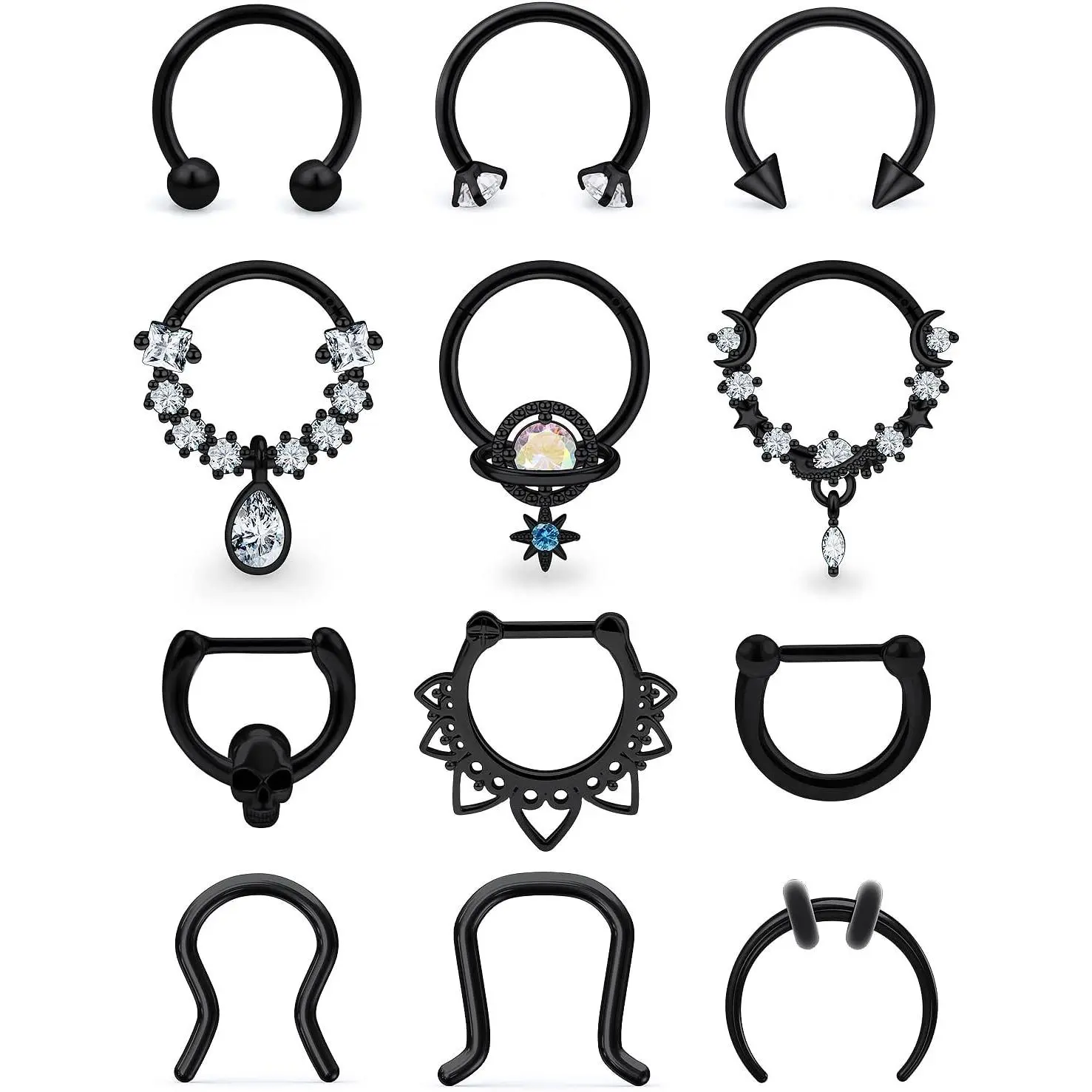 16G 316L Surgical Stainless Steel Septum Rings - Skull Flower Dangle Clicker, Horseshoe Hoop Nose Jewelry for Female, Male - 10mm Silver, Black, Rose Gold - Easy Removal for Everyday Use, Clicker Type, Black Tone, 1.2Mm