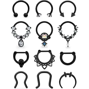 16G Septum Rings Piercing Jewelry 316L Stainless Surgical Steel Skull Flower Dangle Clicker Horseshoe Septum Nose Rings Hoop Piercing Jewelry for Women Men Silver Black Rose Gold 10mm