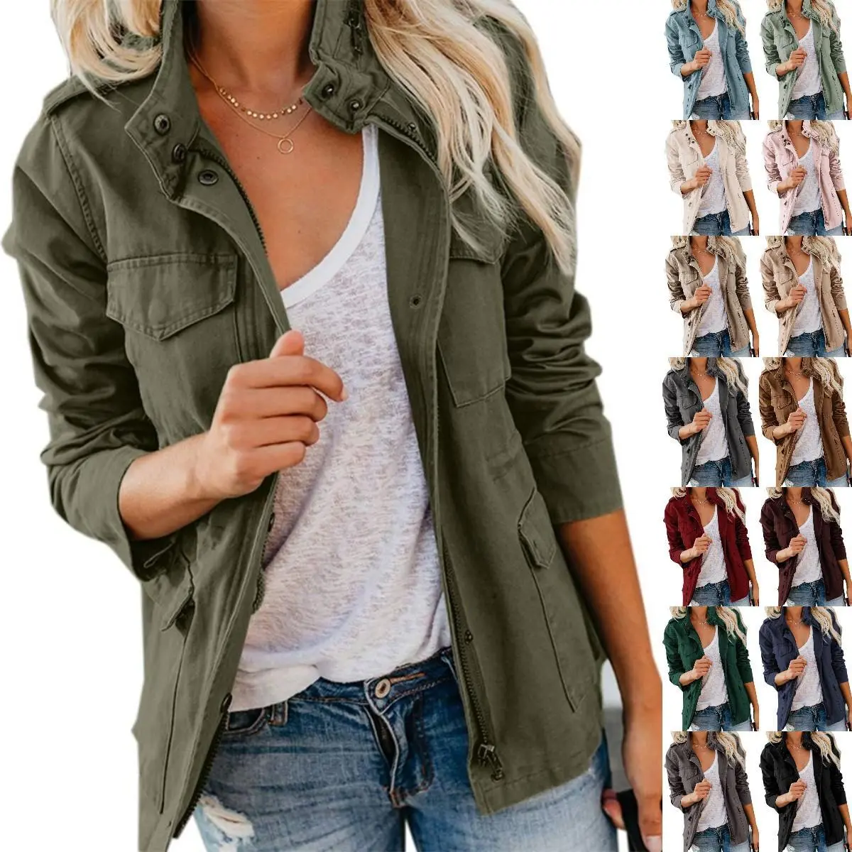 Imily Bela Women's Military Anorak Jacket, Lightweight Cotton Utility Outerwear with Pockets, Adjustable Waist and Zip-Up Snap Button Closure, Piece, Zip + Button