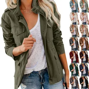 Imily Bela Women's Fashion Long Sleeve Military Anorak Jacket - Zip-Up, Snap-Button, Smooth Fabric Safari Utility Parka Coat with Pockets, Women's Tops Outwear
