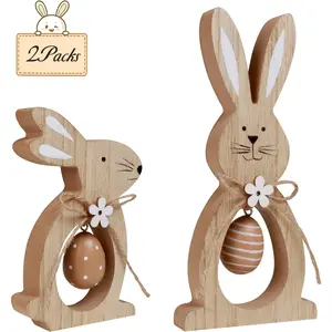 2Pcs Easter Decorations for The Home Farmhouse Rustic Wooden Bunny with Egg Tiered Tray Happy Spring Decoration for Indoor Home Party Tabletop Decoration Easter Gifts