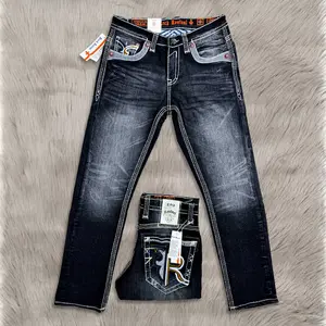 Y2K Black Straight Jeans for Men – Bold Embroidered Back Pockets – Distressed Wash Streetwear Denim with Contrast Stitching