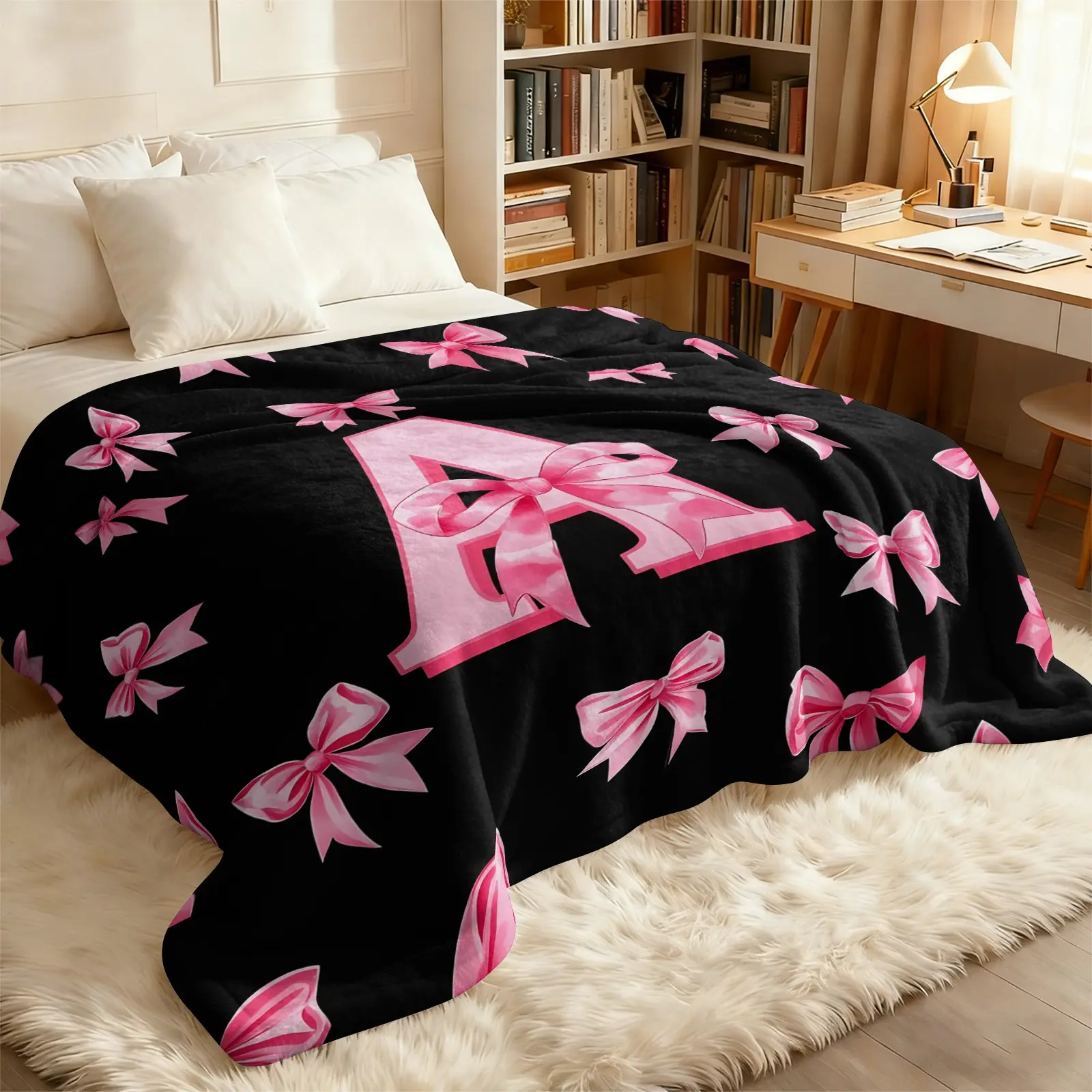 Black Pink Bow Letter A-M Soft Flannel Blanket, Plush Throw Blanket for Sofa Bedroom Nap, Lightweight Breathable Multi-Purpose Home Leisure Blanket