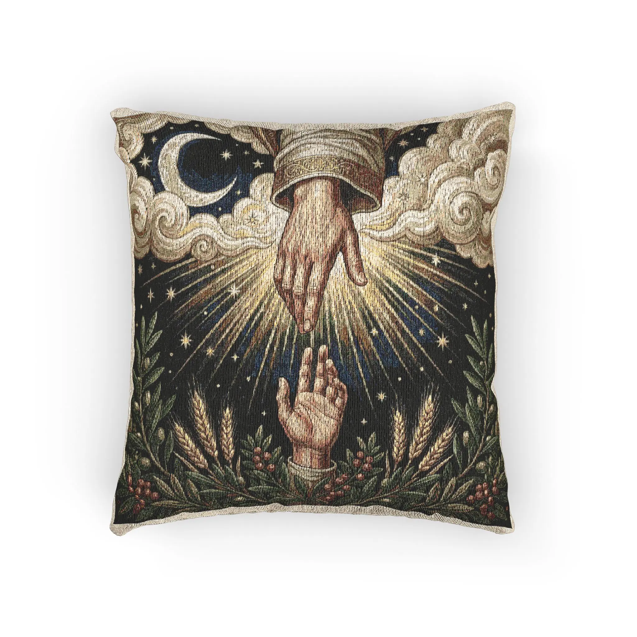 Hand of God Woven Pillow | Creation Divine Hand Throw Pillow | Catholic Christian Faith Heirloom Decor | Bilingual Devotional Gift