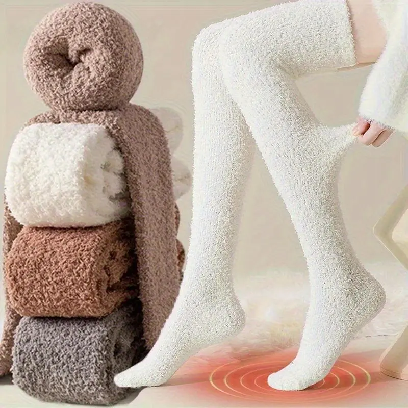 Women's Thermal Socks, 4pcs White (2 Pairs) Solid Over the Knee, Soft Plush Polyester Knit Fabric for Cozy Winter Warmth, 4Pcs White(2Pairs), Elastane Blend, Long Length, Warm Plush